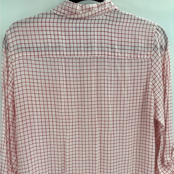 Foxcroft Women’s Blouse White Red Tencel Rolled Sleeve Gingham Button Up Size 10 - Picture 10 of 14